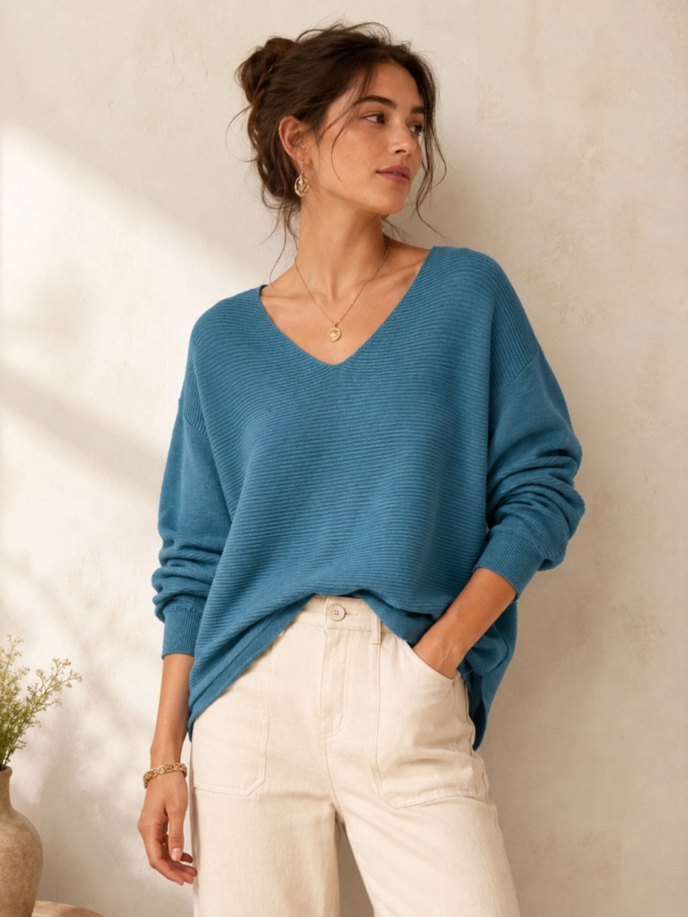 Ella Moss Sweater Women Large Blue Ribbed Knit V Neck Relaxed Boho Pullover